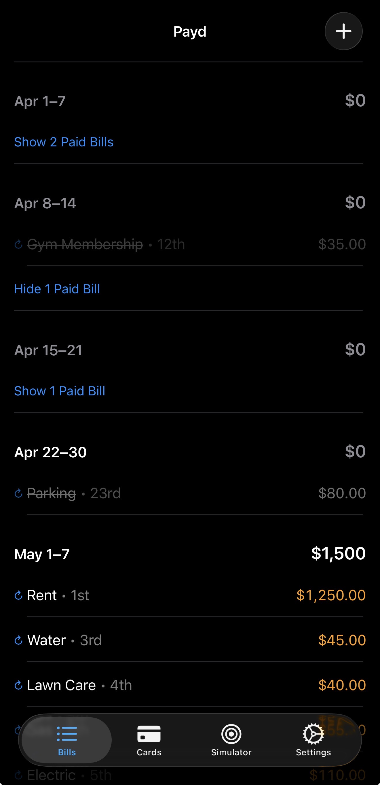 Bills weekly view